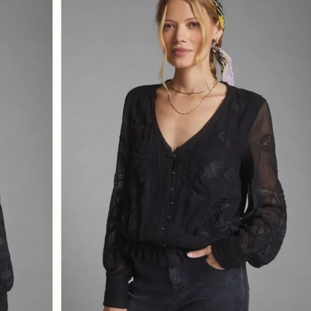 Anthropologie Embroidered Floral Button-Down Top